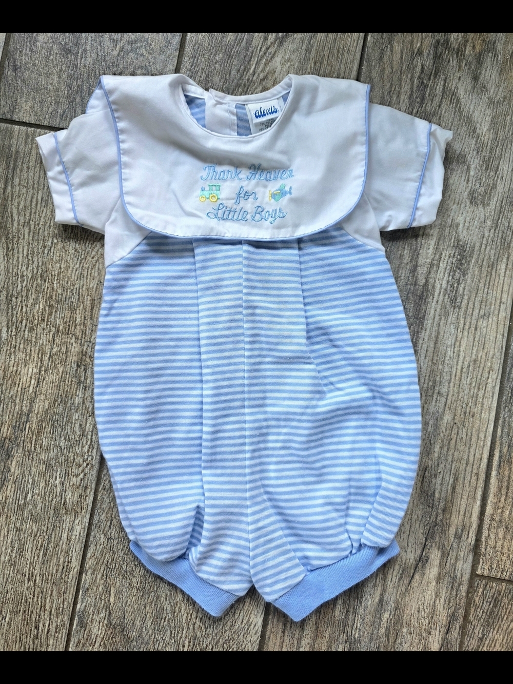 Vintage Alexis Blue White Striped Baby Romper Peter Pan Collar Thank Heaven 6 Mo